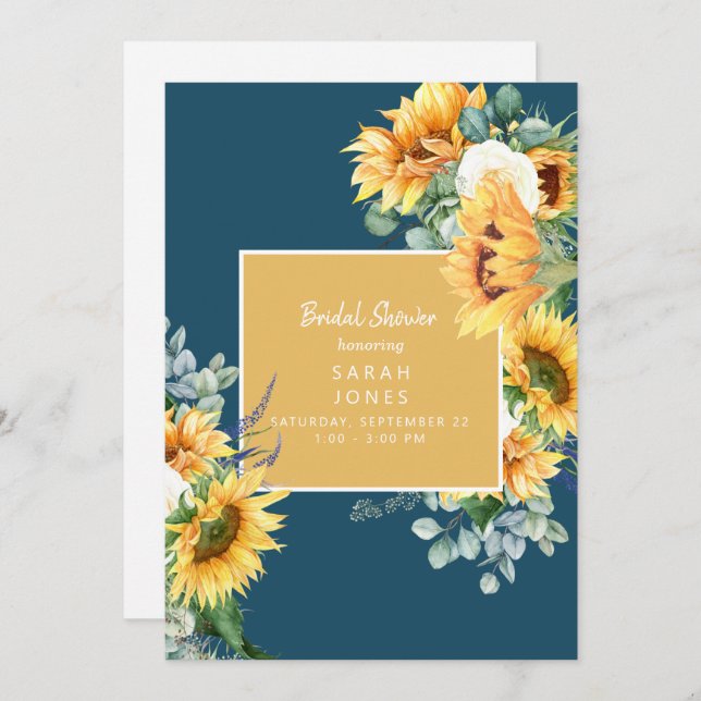 Rustic Eucalyptus Sunflower Teal Bridal Shower Invitation (Front/Back)