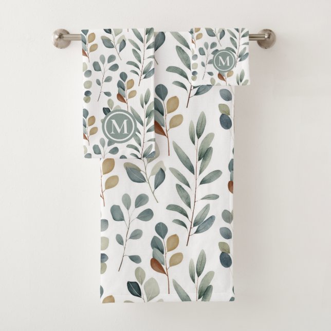 Rustic Eucalyptus Watercolor Pattern Monogram Bath Towel Set (Insitu)