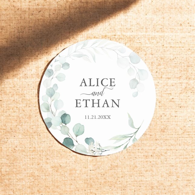 Rustic Eucalyptus Wedding Classic Round Sticker (Creator Uploaded)