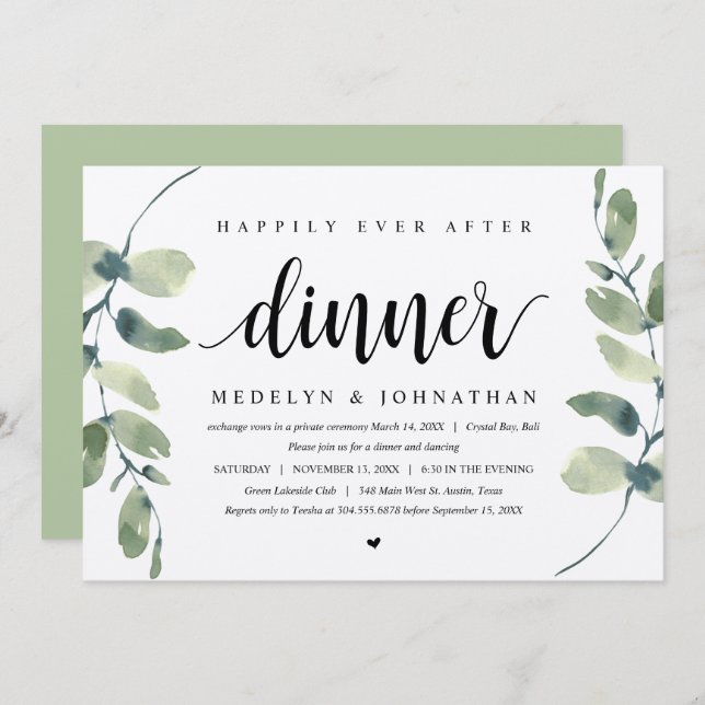 Rustic Eucalyptus, Wedding Elopement Dinner Invitation (Front/Back)