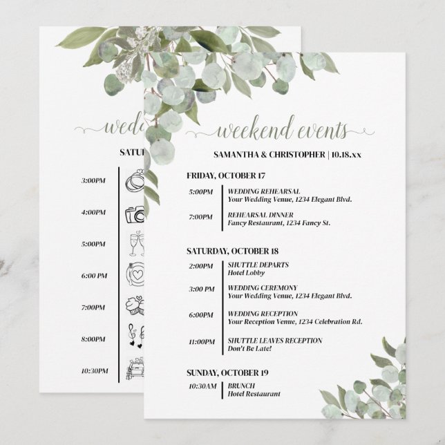 Rustic Eucalyptus Wedding Events & Timeline Programme (Front/Back)