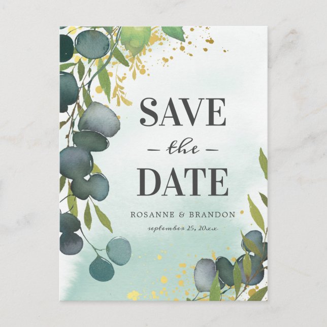 Rustic Eucalyptus Wedding Save the Date Announcement Postcard (Front)