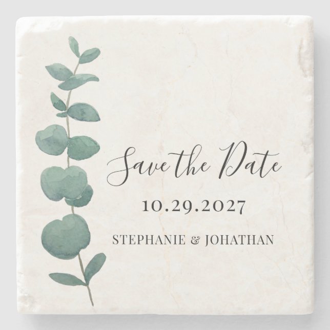 Rustic Eucalyptus Wedding Save The Date  Stone Coaster (Front)