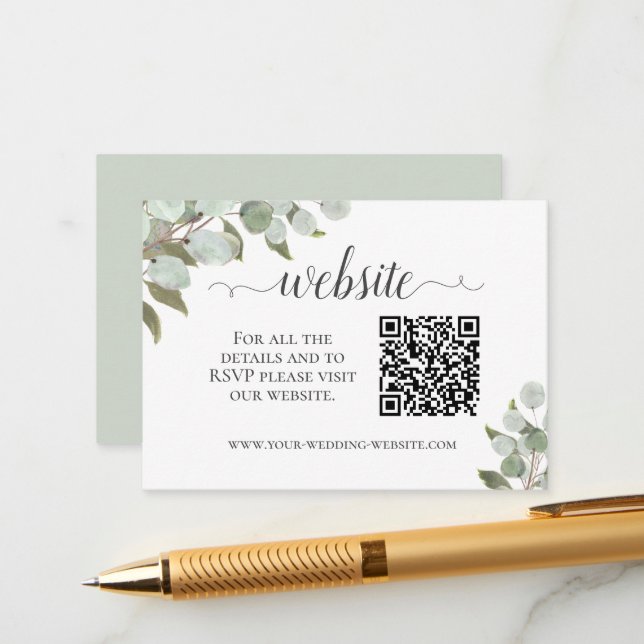 Rustic Eucalyptus Wedding Website QR Code Enclosure Card (Front/Back In Situ)