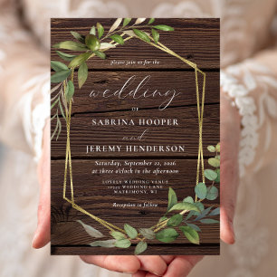 Rustic Eucalyptus Wood Gold Frame Wedding Invitation