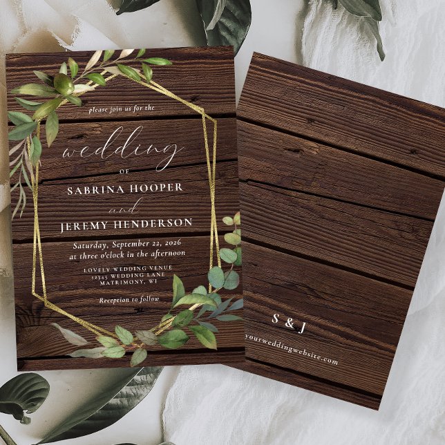 Rustic Eucalyptus Wood Gold Frame Wedding Invitation (Creator Uploaded)