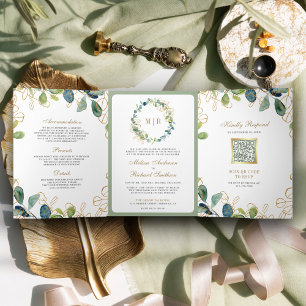 Rustic Eucalyptus Wreath QR Code Wedding Tri-Fold Invitation