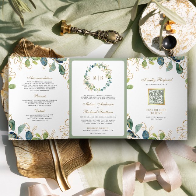 Rustic Eucalyptus Wreath QR Code Wedding Tri-Fold Invitation (Creator Uploaded)