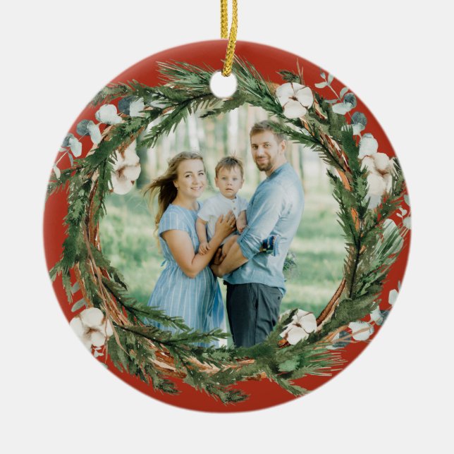 Rustic Eucalytus and Pine Wreath Christmas Photo Ceramic Tree Decoration (Front)