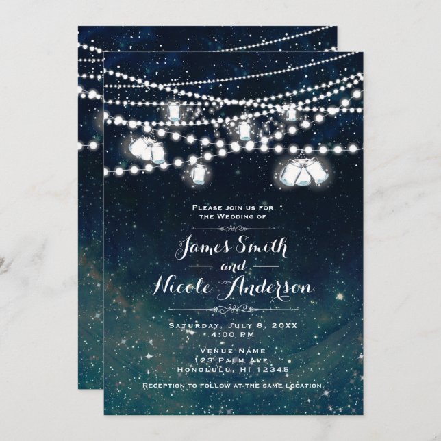 Rustic Evening Night Sky Mason Jar Lights Wedding Invitation (Front/Back)