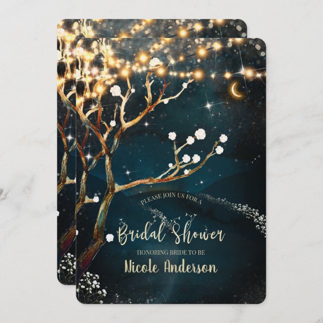 Rustic Evening Tree Lights Starry Bridal Shower Invitation (Front/Back)