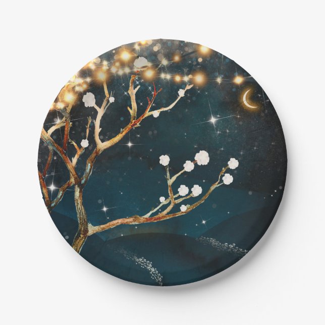 Rustic Evening Tree Lights Starry Night Wedding Paper Plate (Front)