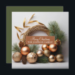 Rustic Evergreen And Wood Wreath Holiday Card<br><div class="desc">An elegant modern festive evergreen Christmas holiday wreath made of evergreen and wood,  with rustic boho decorations and pine cones.</div>