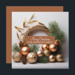 Rustic Evergreen And Wood Wreath Holiday Card<br><div class="desc">An elegant modern festive evergreen Christmas holiday wreath made of evergreen and wood,  with rustic boho decorations and pine cones.</div>