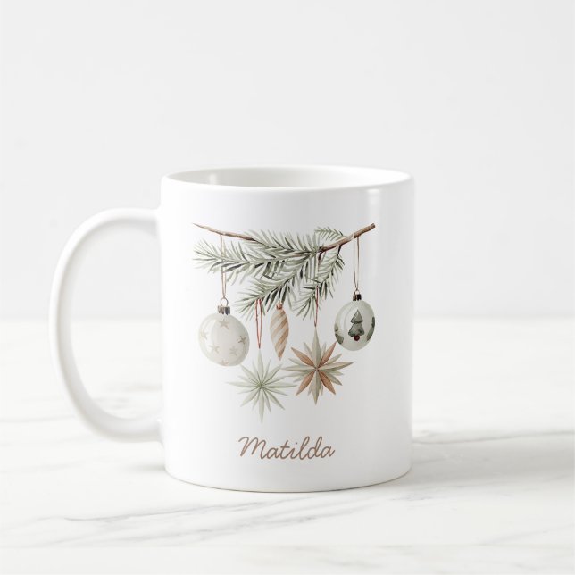Rustic Evergreen Bauble Christmas Tree White Coffee Mug (Left)