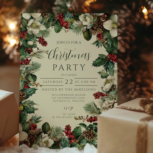Rustic Evergreen Berry Christmas Party Invitation (Creator Uploaded)