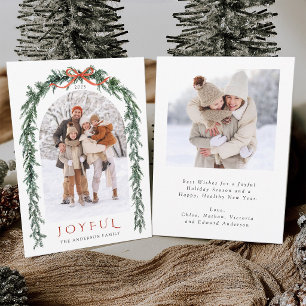Rustic Evergreen Garland Arch Photo Joyful        Holiday Card