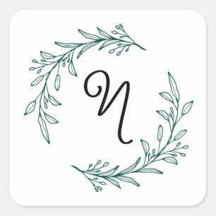 Rustic Evergreen Personalized Name Initial Wreath Square Sticker