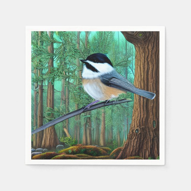 Rustic Evergreen Pine Chickadee Napkin (Front)