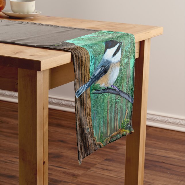 Rustic Evergreen Pine Chickadee Short Table Runner (In Situ)