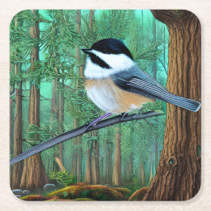 Rustic Evergreen Pine Chickadee Square Paper Coaster