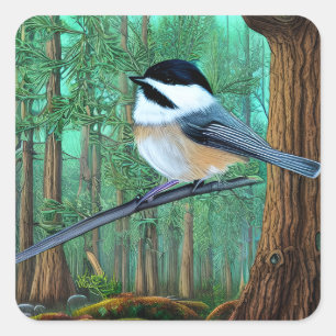 Rustic Evergreen Pine Chickadee Square Sticker