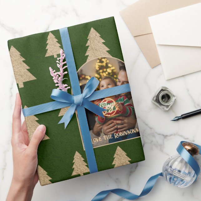 Rustic Evergreen Tree Personalised Christmas Photo Wrapping Paper (Gifting)