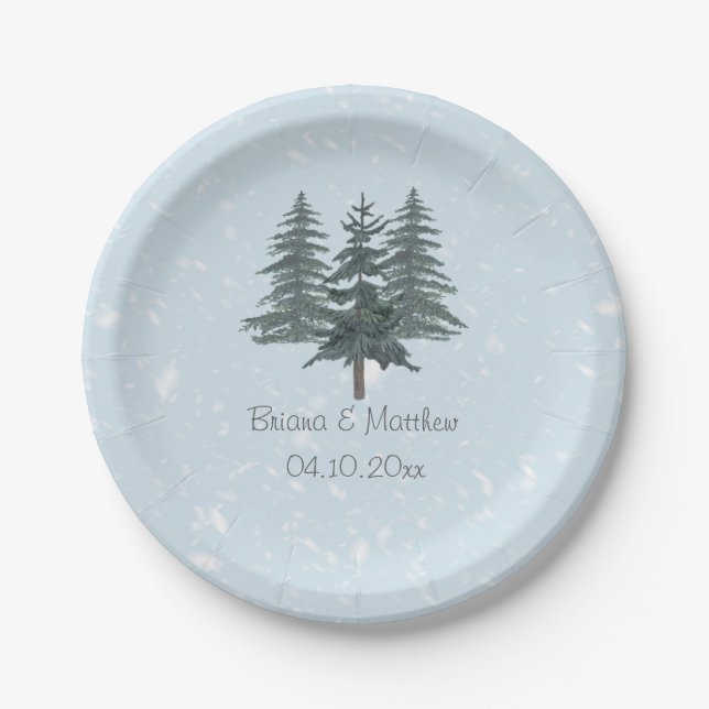 Rustic Evergreen Winter Pine Wedding Paper Plate (Front)