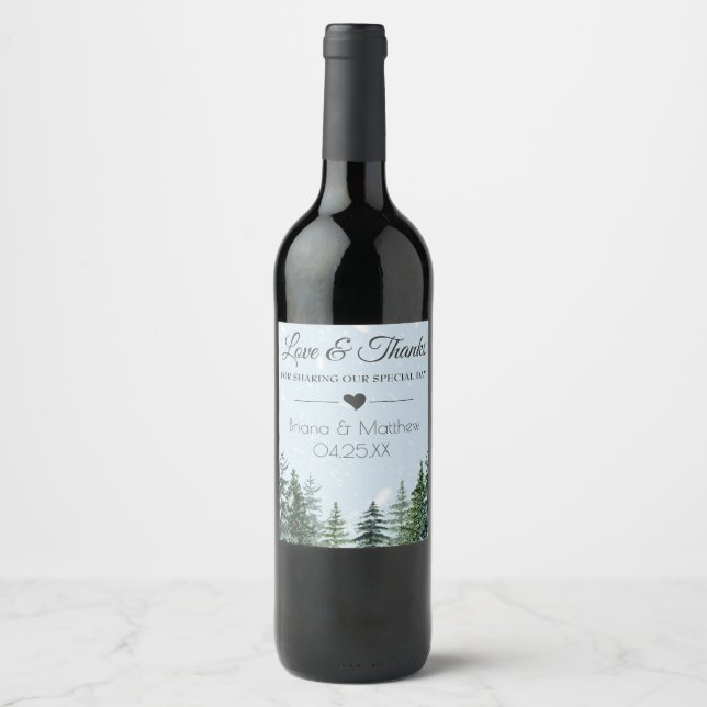 Rustic Evergreen Winter Pine Wedding Wine Label (Front)