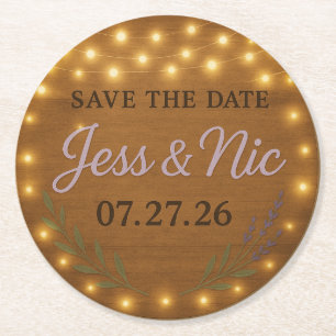 Rustic Fairy Light Save the Date Coaster  