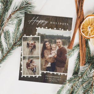 Rustic Fairy Lights 3 Photo Collage Holiday Card