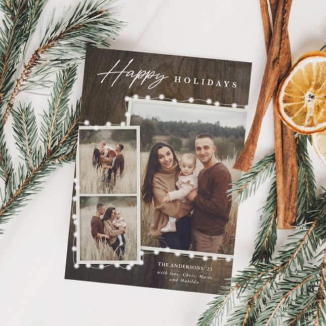 Rustic Fairy Lights 3 Photo Collage Holiday Card (Rustic Christmas Fairy Lights 3 Photo Collage Holiday Cards)