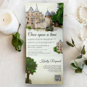 Rustic Fairytale Castle Story Book QR Code Wedding Tri-Fold Invitation