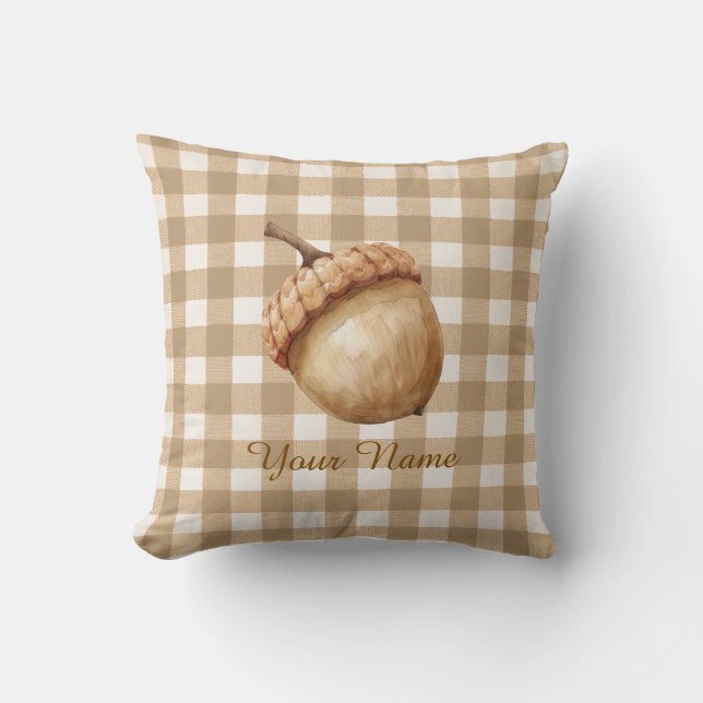 Rustic Fall Acorn Brown Gingham Personalised  Cushion (Front)
