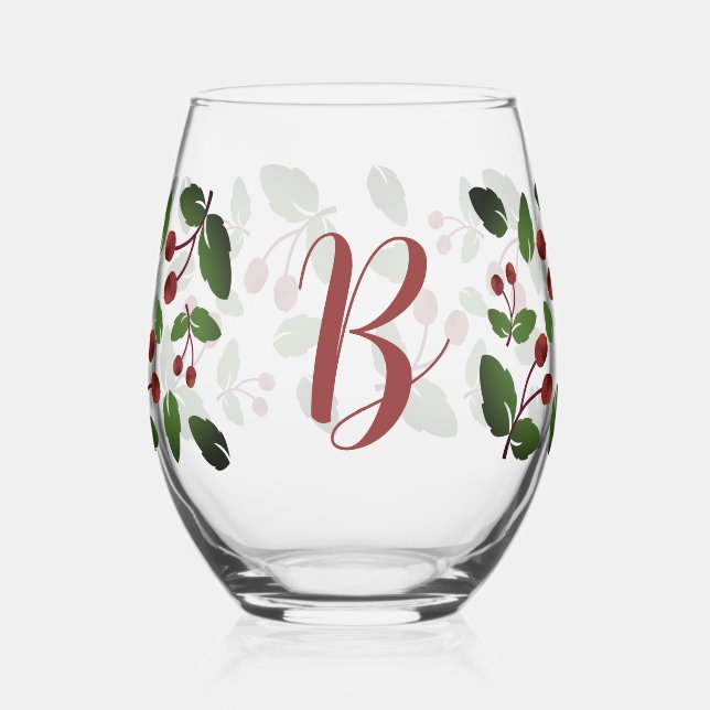 Rustic Fall Acorns & Oak Leaves Monogram Stemless Wine Glass (Left)