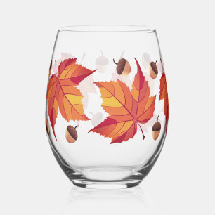 Rustic Fall Acorns & Red Leaves Foliage Stemless Wine Glass
