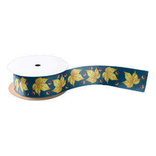 Rustic Fall Acorns & Yellow Leaves Foliage Satin Ribbon