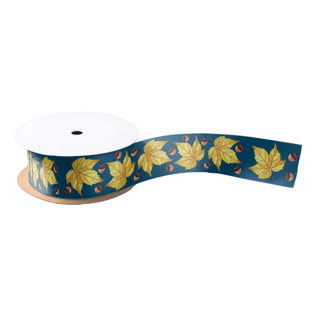 Rustic Fall Acorns & Yellow Leaves Foliage Satin Ribbon (Spool)
