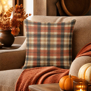 Rustic Fall Autumn Classic Plaid Rust Cream Black Cushion