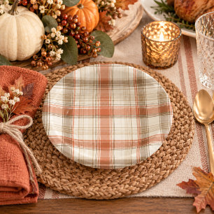 Rustic Fall Autumn Classic Plaid Rust Cream Brown Paper Plate