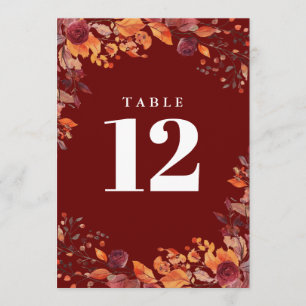 Rustic Fall Autumn Floral Burgundy Table Number