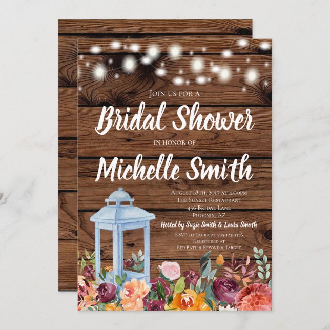 Rustic Fall Autumn Floral Lantern Bridal Shower Invitation (Front/Back)
