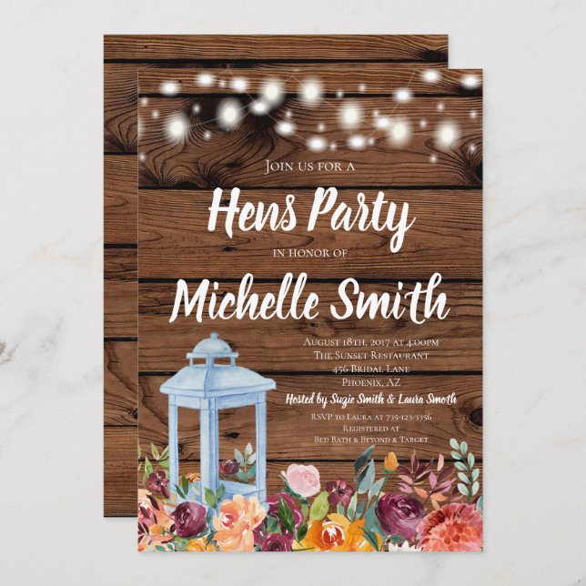 Rustic Fall Autumn Floral Lantern Hens Party Invitation (Front/Back)