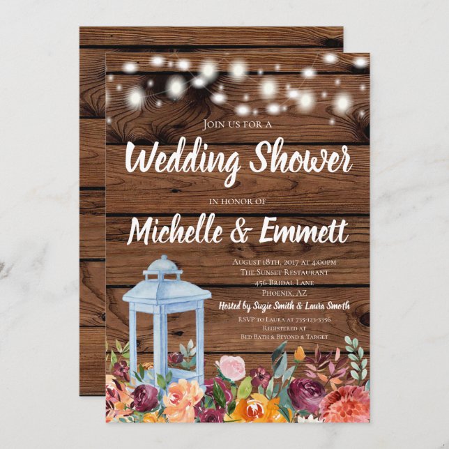 Rustic Fall Autumn Floral Lantern Wedding Shower Invitation (Front/Back)