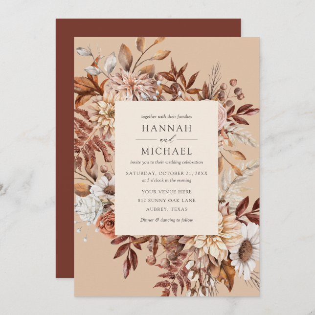 Rustic Fall Autumn Floral Leaves Wedding Invitation (Front/Back)
