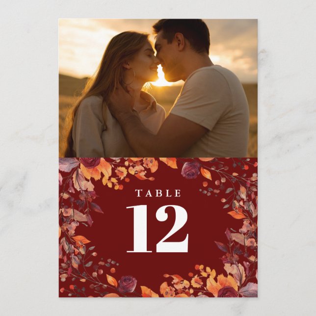 Rustic Fall Autumn Floral Photo Table Number (Front)