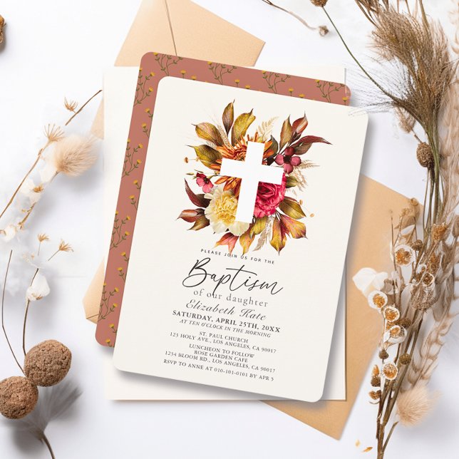 Rustic Fall Autumn Floral White Cross Baptism Invitation (Creator Uploaded)