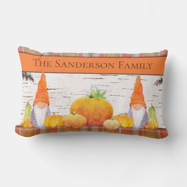Rustic Fall Autumn Gnome orange plaid with pumpkin Lumbar Cushion (Front)