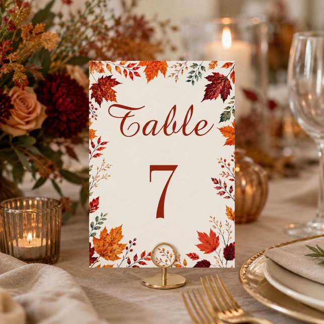 Rustic Fall Autumn Ivory & Orange Leaves Table Number (Creator Uploaded)