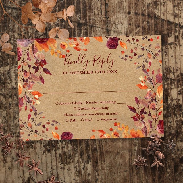 Rustic Fall Autumn Leaves Floral Wedding RSVP Card (Rustic Fall Autumn Leaves Floral Wedding RSVP Card)